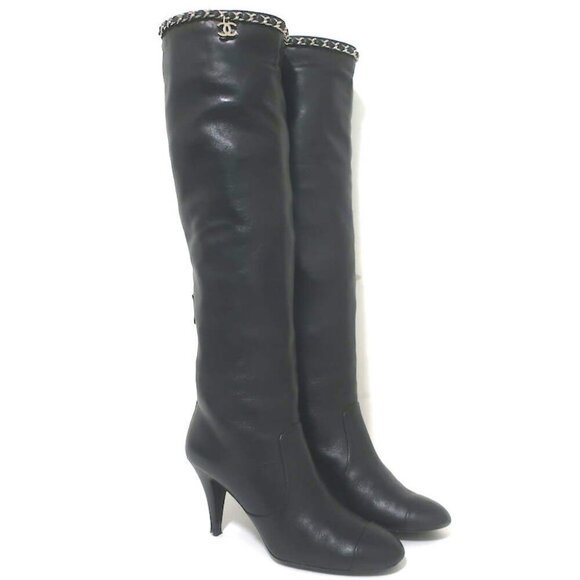 Chanel CC Chain-Trim Cap Toe Knee High Boots Black Leather Size 36.5 - Picture 1 of 15